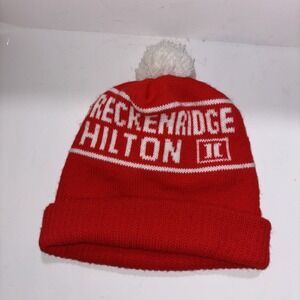 Vintage Breckenridge Hilton Ski Resort Red Beanie Cap Winter Knit Hat Pom Pom